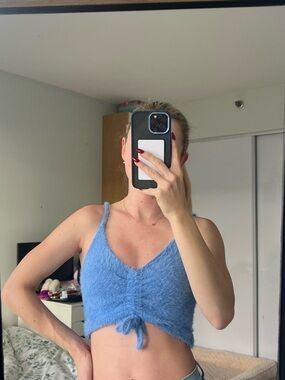 Etiquette Clothiers Light Blue Fuzzy Tie-Front Crop Top
